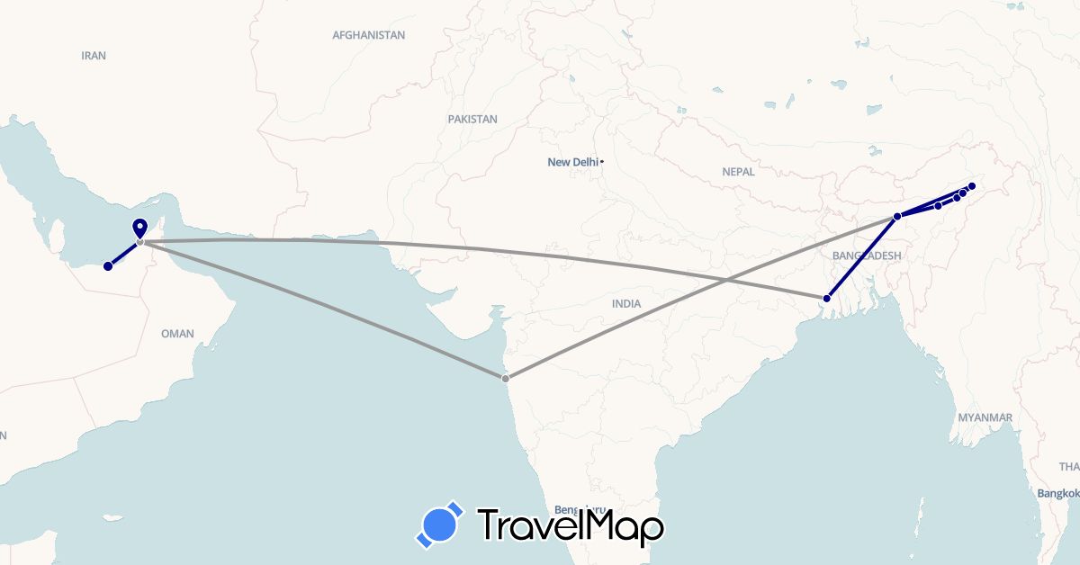 TravelMap itinerary: driving, plane in United Arab Emirates, India (Asia)